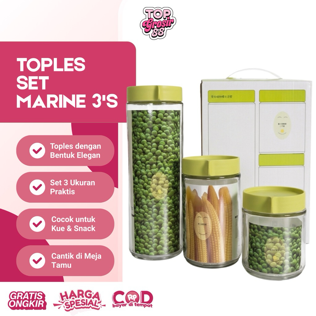 Marine Toples Kaca Set 3 tutup silikon|toples kaca snack lebaran
