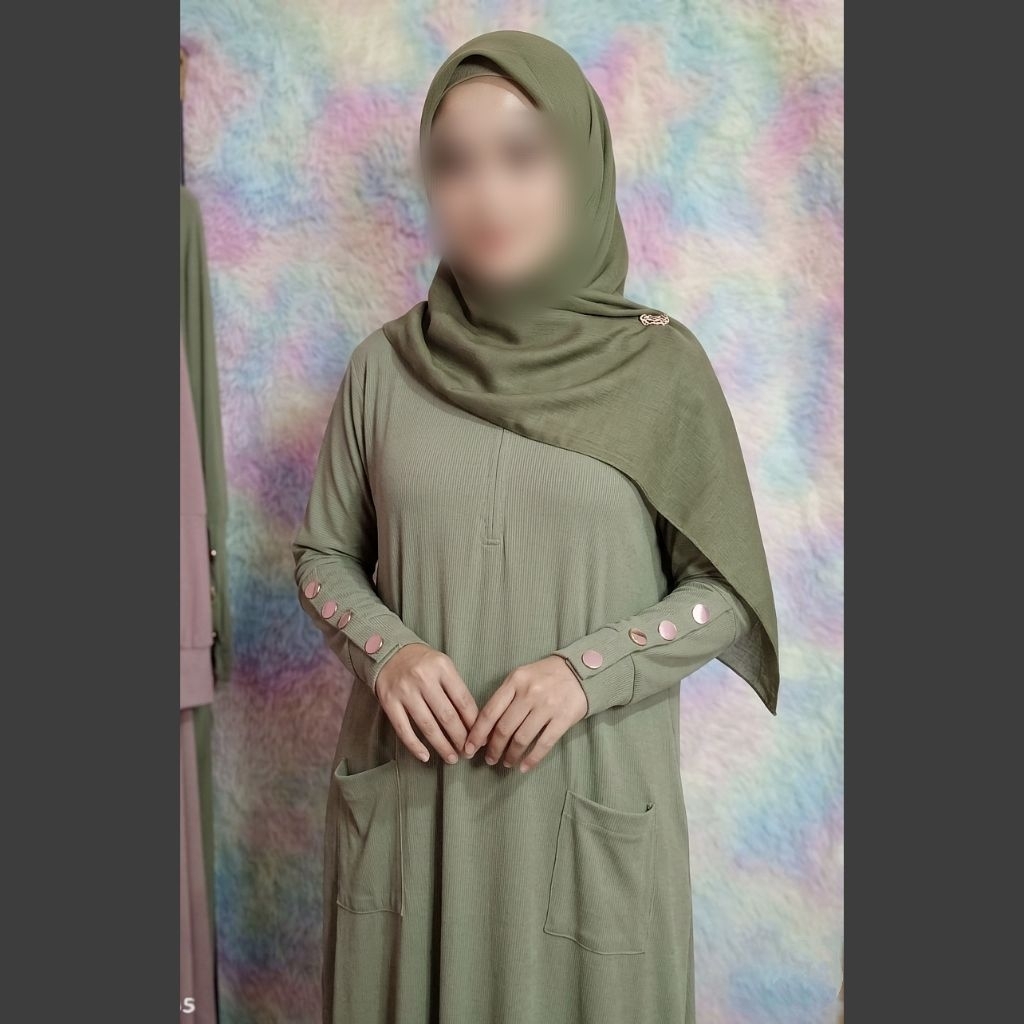 PL Dress Abaya Gamis Outlet Bunda RibKnit kancing Sage