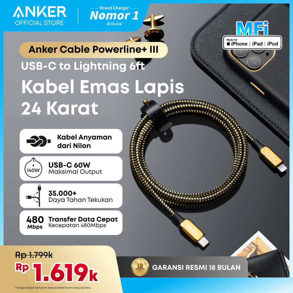 Kabel Charger Anker Special Edition 24K Gold USB-C to Lightning 6ft MFI IPhone 12/13 - A8843
