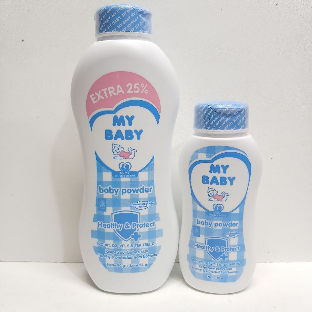 buy get 1) bedak my baby baby powder healthy & protect 90g extra 23gr + kemasan kecil 50gr
