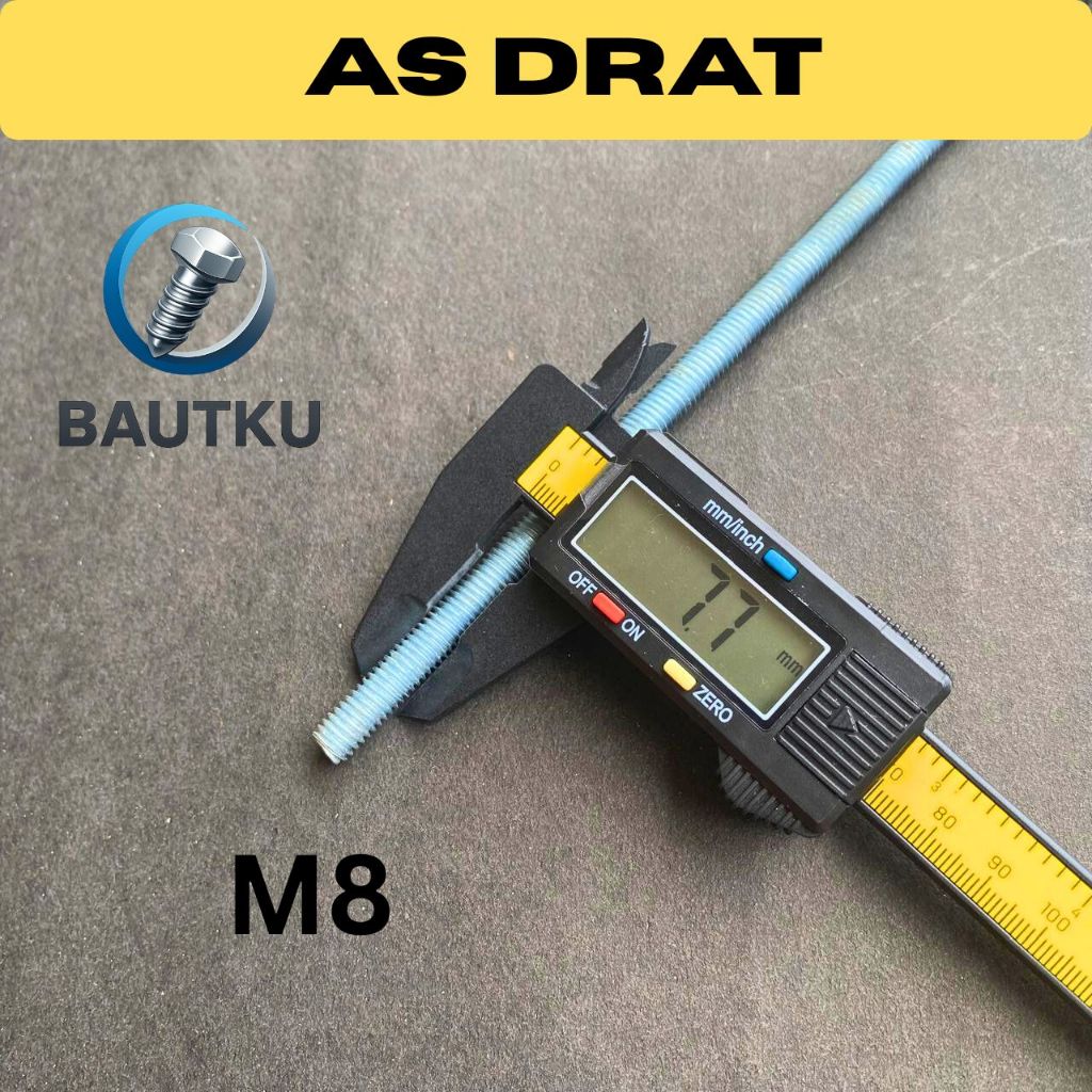 AS DRAT M8 x 1 Meter Galvanis Putih (Mur Kunci 13) Long Drat M8 / Stud Bolt Besi 8mm Full Ulir 1M