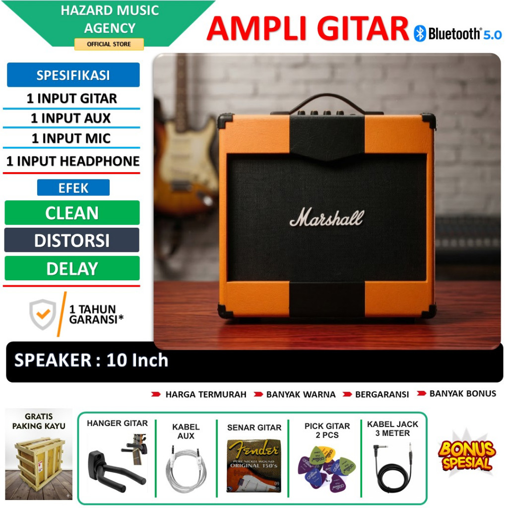 Ampli gitar & bass 10 Inch 3 input bluetooth bisa untuk karaoke efek distorsi delay termurah oranye