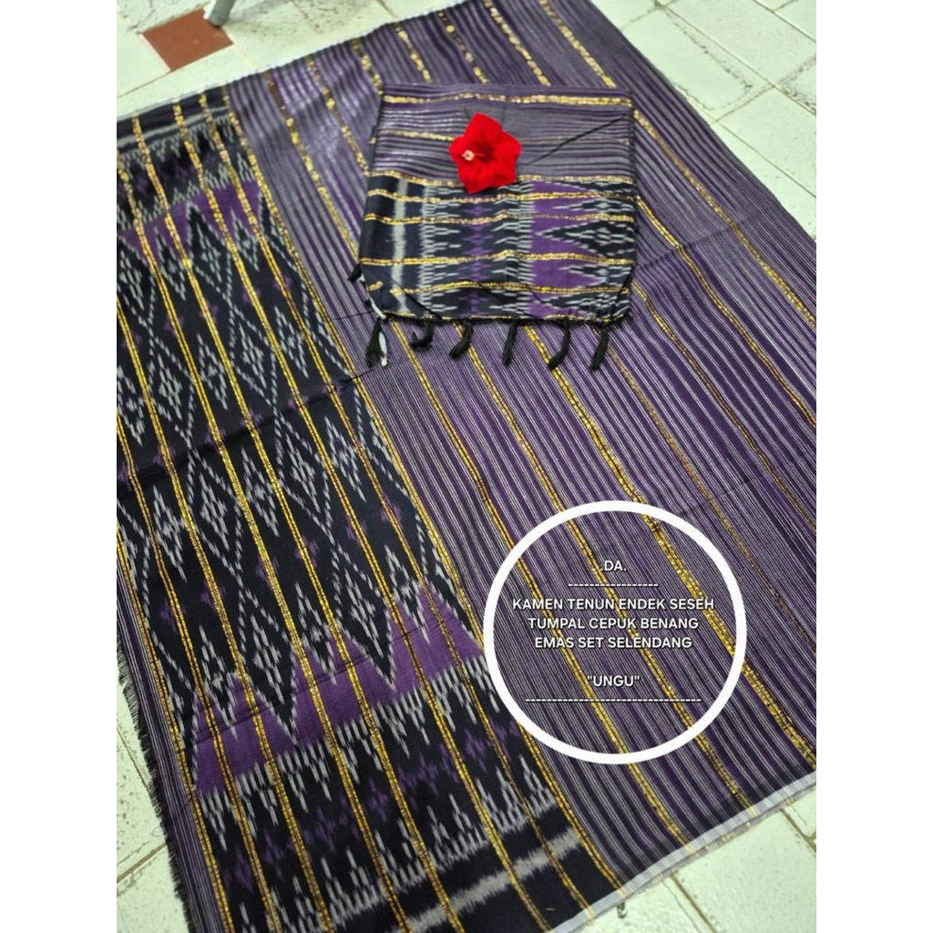Kamen Tenun Endek seseh Tumoal cepuk benang Emas Set selendang