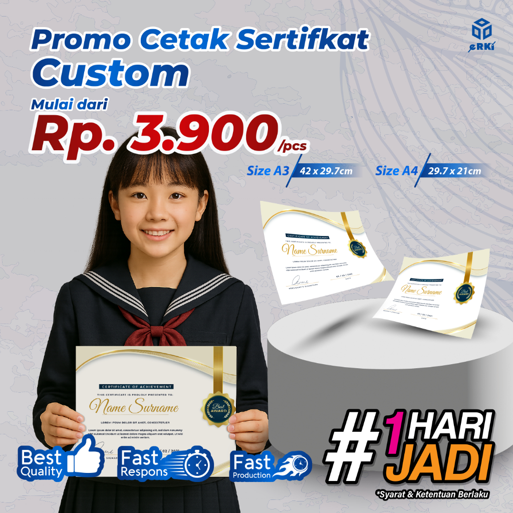 Cetak Sertifikat Custom A4 A3 | Kertas AC 260gr / BW 250gr / FOIL EMAS SILVER | Piagam Sekolah & Pen