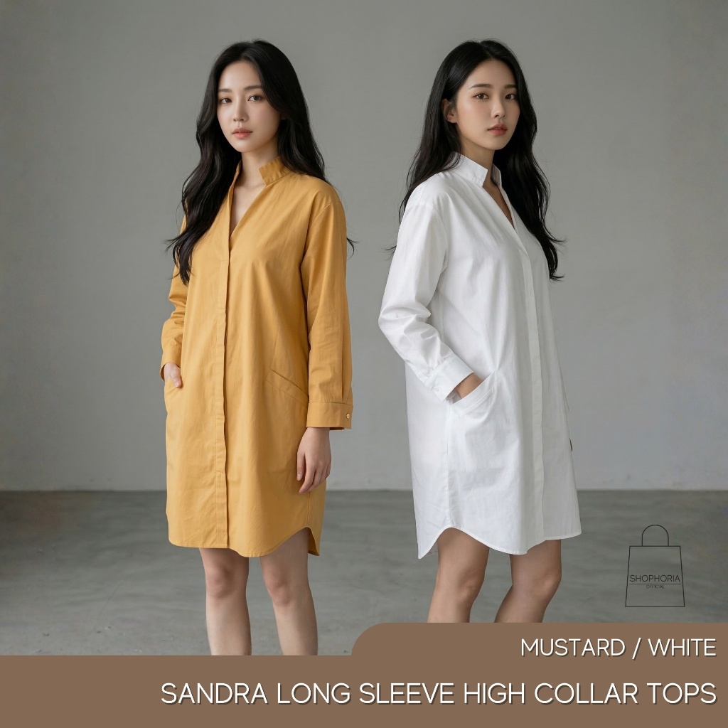 Sandra Tunik Wanita Katun Lengan Panjang Kerah Tinggi Mustard Putih Loose Fit Oversize Kemeja Midi K