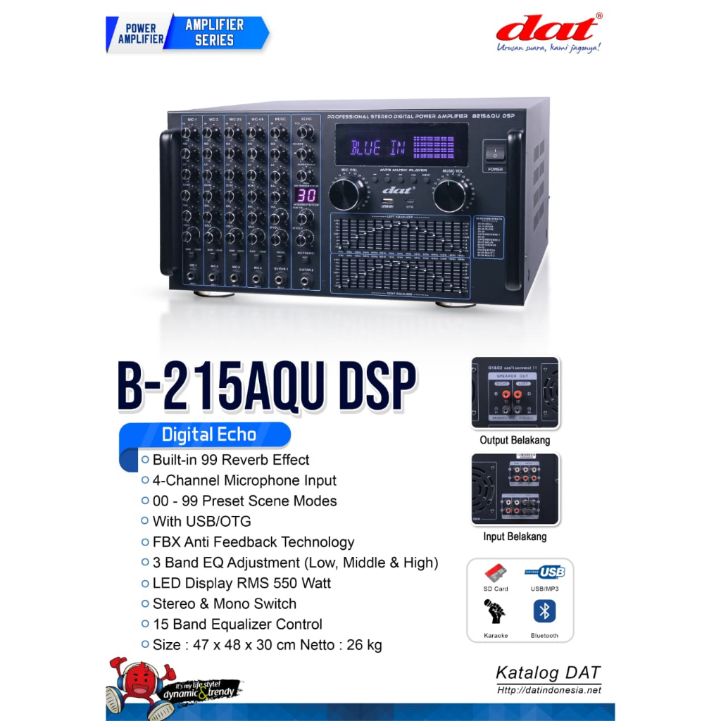 Power Amplifier DAT B215AQU DSP / B 215 AQU DSP Bluetooth Reverb effect anti feedback