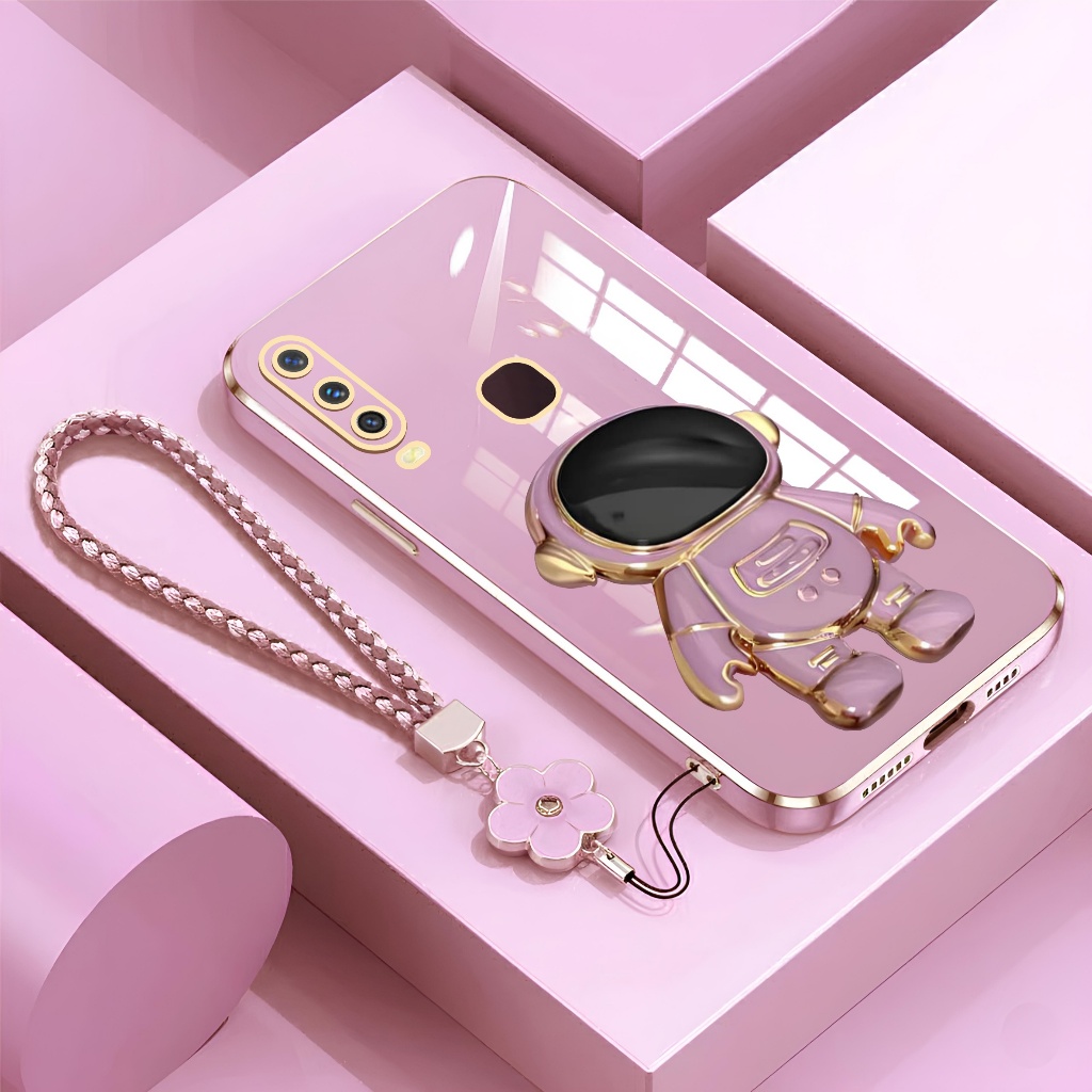 Soft Case Vivo Y12 Y15 Y17 Astronot Stand Premium With Flower Lanyard