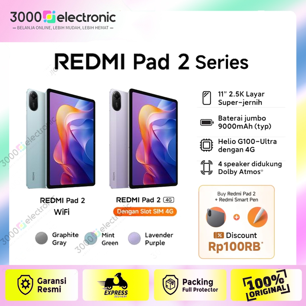 Xiaomi REDMI PAD 2 - Tab Wifi Only - Ram 4/128GB & 4G LTE Ram 6/128GB - Tablet Layar 11" 90Hz | Medi