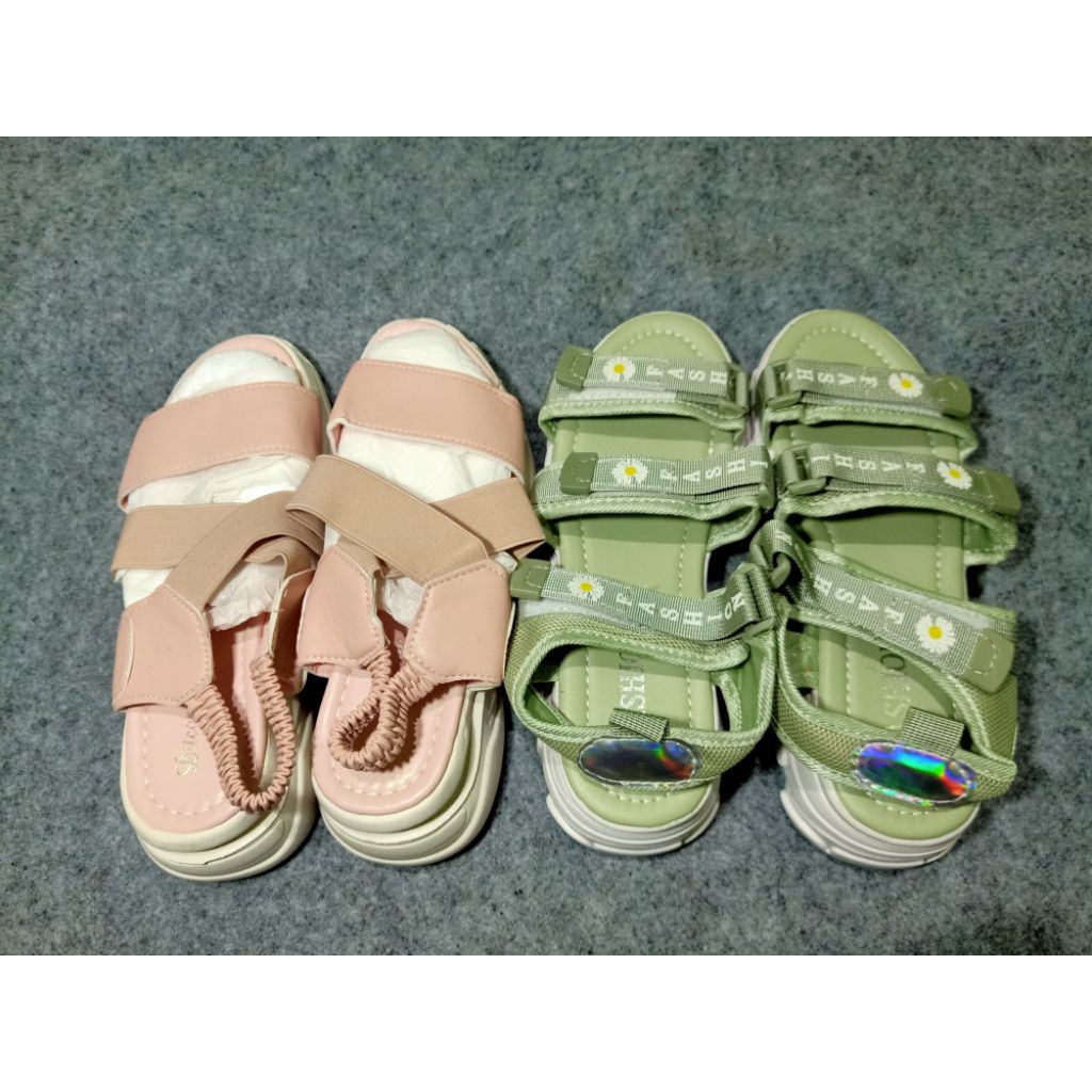 sandal sepatu wanita hijau pink