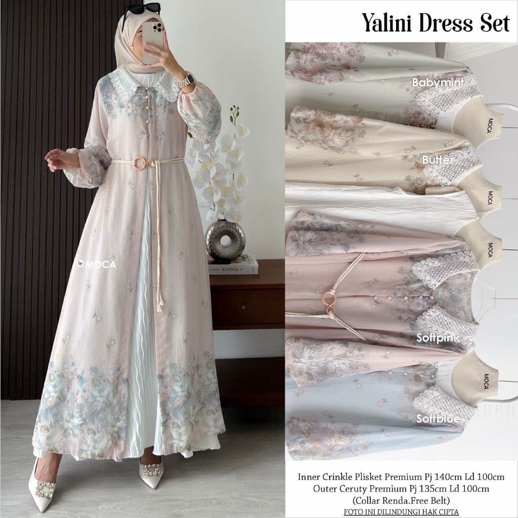 MOCA - Yalini Dress | Gamis Wanita Inner Plisket Outer Ceruty Premium + Free Belt