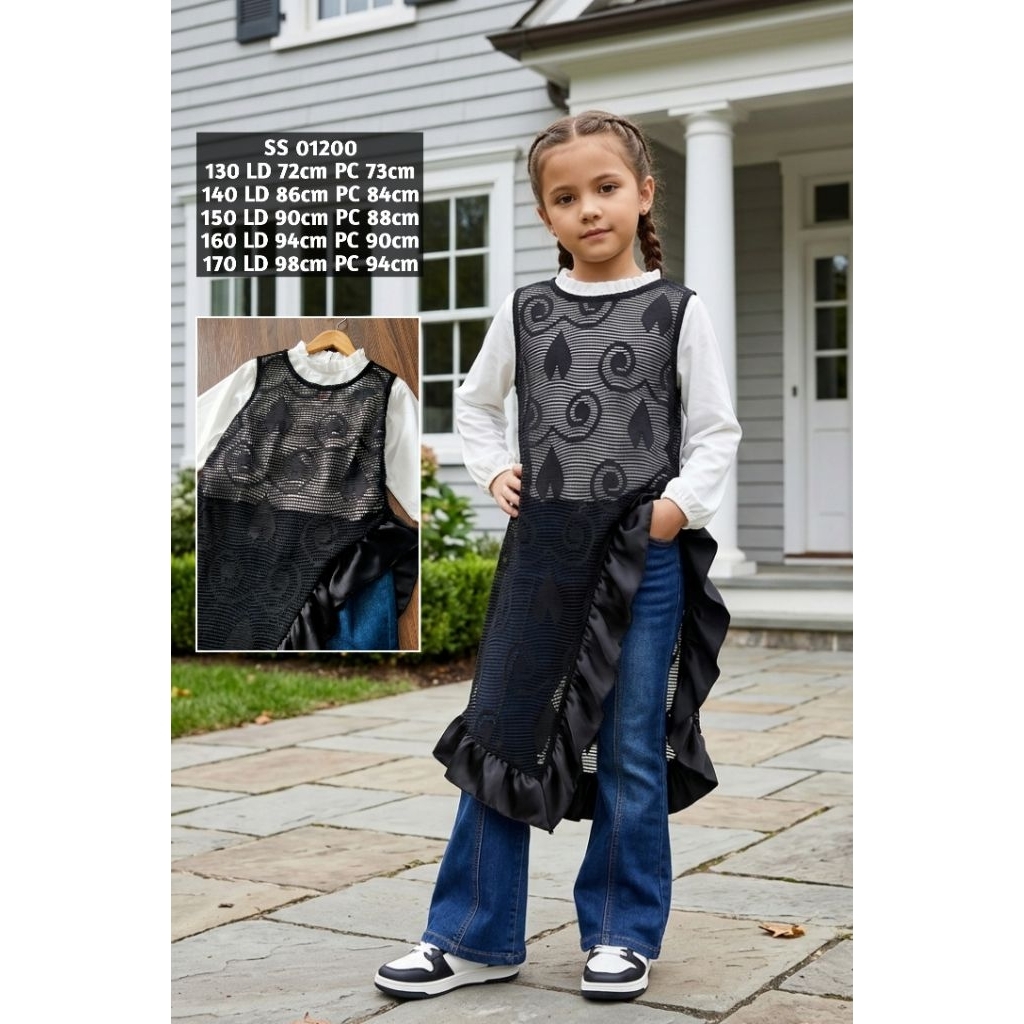 Qalawear baju setelan 3in1 blouse kemeja putih outer vest tunik celana jeans cutbray anak perempuan 