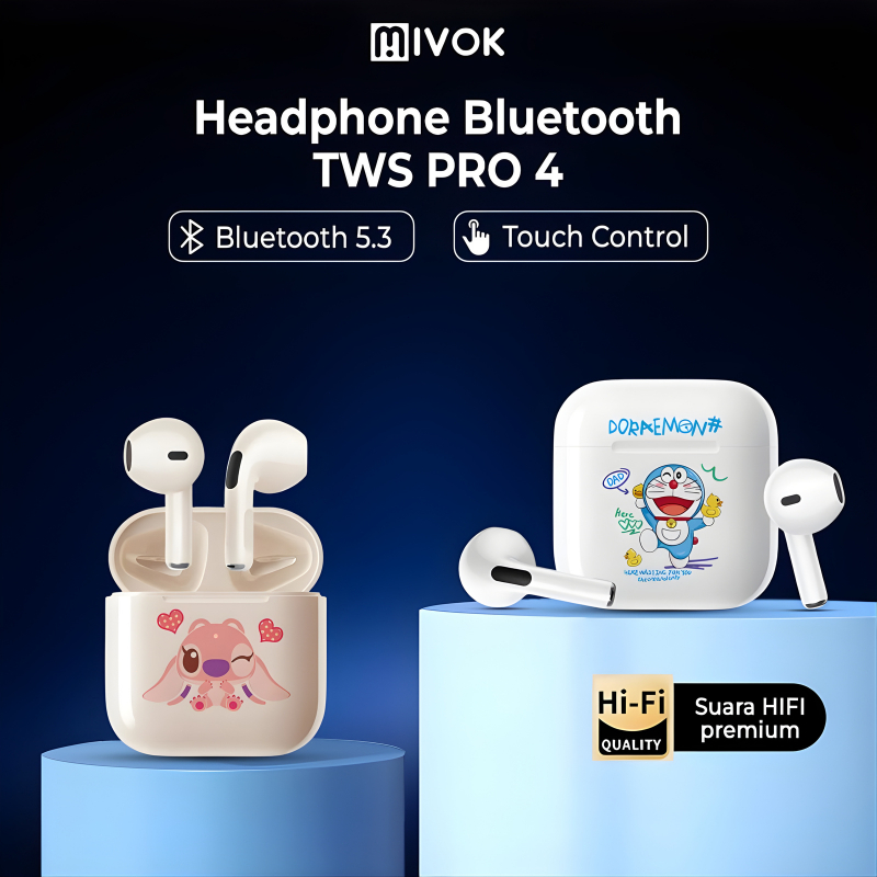 MIVOK PRO 4 TWS Earphone Bluetooth Headset Wireless Full Bass Kontrol Sentuh Android iPhone