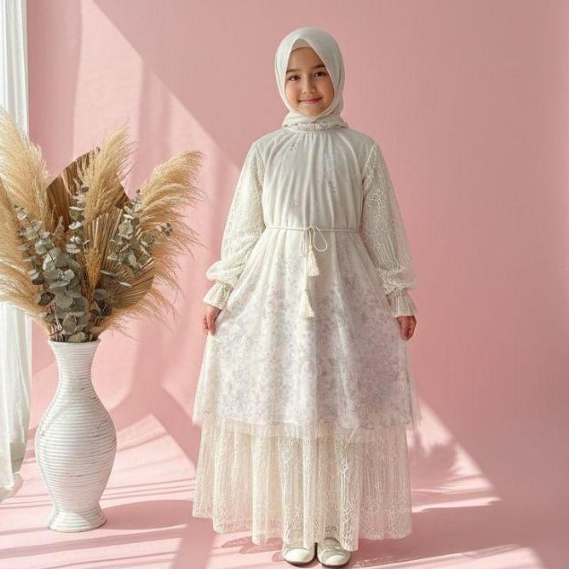 3-12tahun Gamis Malay brokat set hijab | Gamis trend Lebaran terbaru baju muslim Anak Perempuan