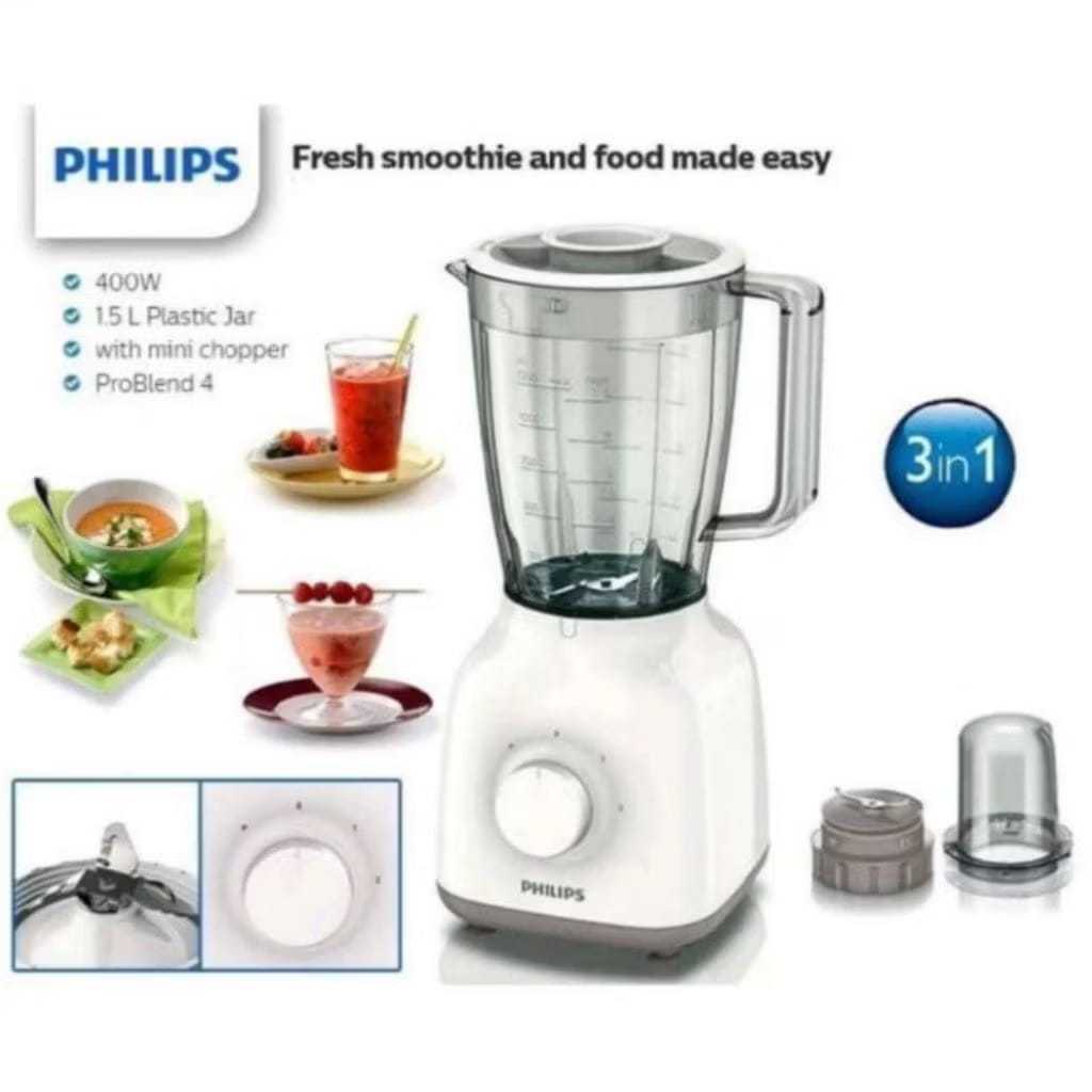 Blender 3in1 Philips HR 2106 Pisau Stainless Steel 4 Sisi Berbahan Plastik Mika Anti Pecah