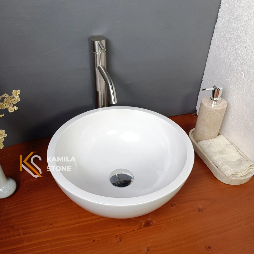 Kamila Stone | Wastafel Terazzo Bentuk Baskom Putih Polos Ukuran 35cm Free Packing Kayu