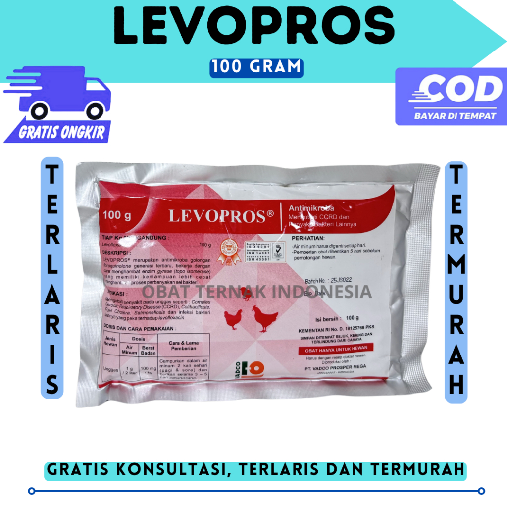 LEVOPROS 100 GRAM VADCO - Obat Ayam Cekrek Batuk Crd Colibacilosis CCRD Salmonella Fowl Cholera Sepe