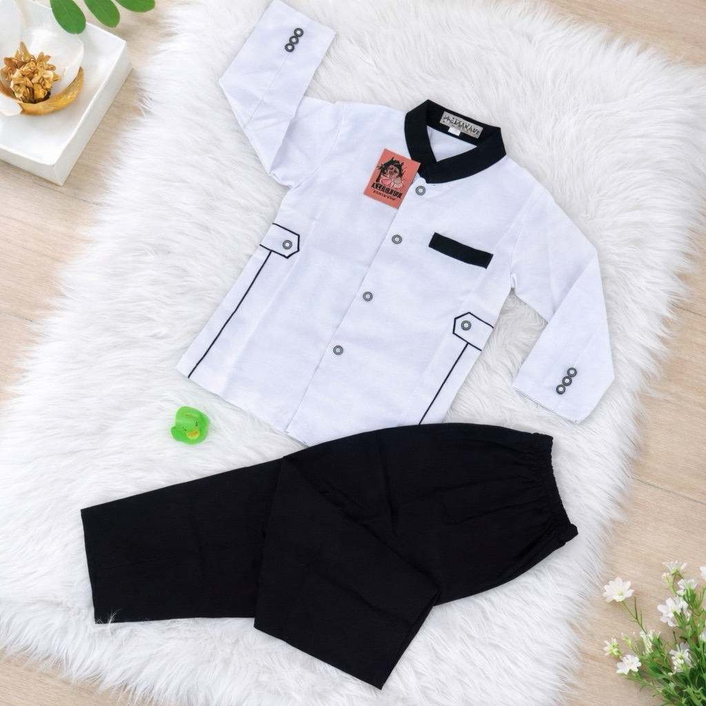 Setelan Baju Koko Anak Laki-Laki Muslim Putih Hitam Jas Koko Jasko