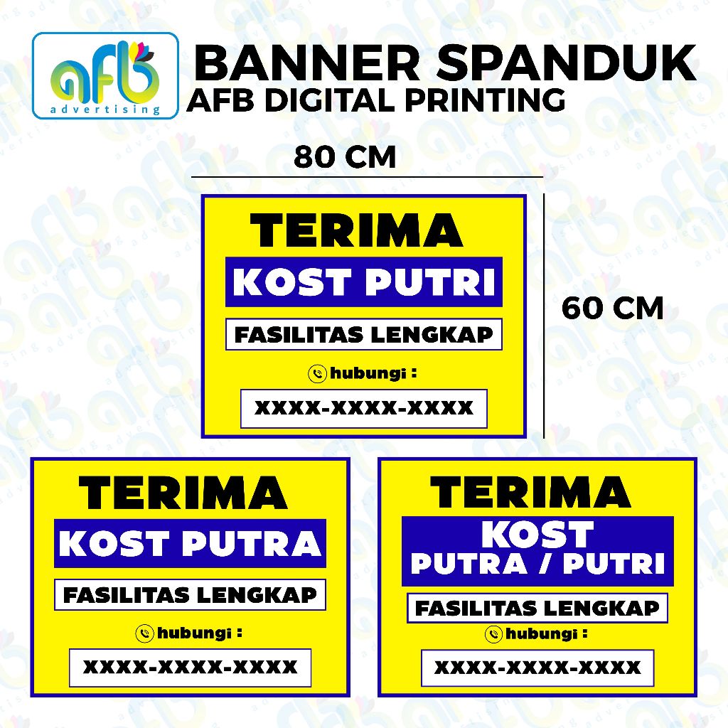AFB PRINTING - Banner Spanduk Properti (KOST PUTRI, KOST PUTRA, KOST PUTRA PUTRI) Ukuran 80x60, ukur