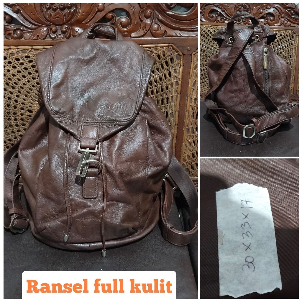 tas ransel backpack serut drawstring pria wanita vintage full kulit leather cokelat tua NN no brand