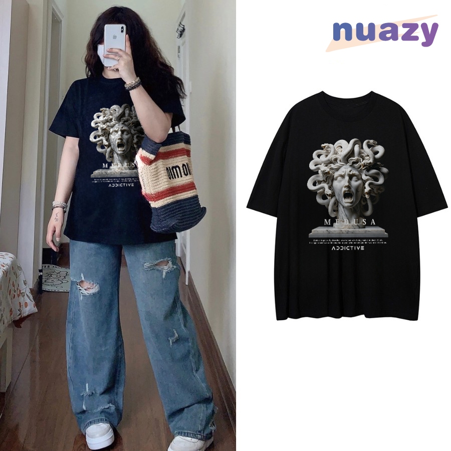 Kaos Oversize Lengan Panjang Wanita Cetakan Retro Street Medusa/ LIFE GOES ON/Baju Kaos Lengan Panja