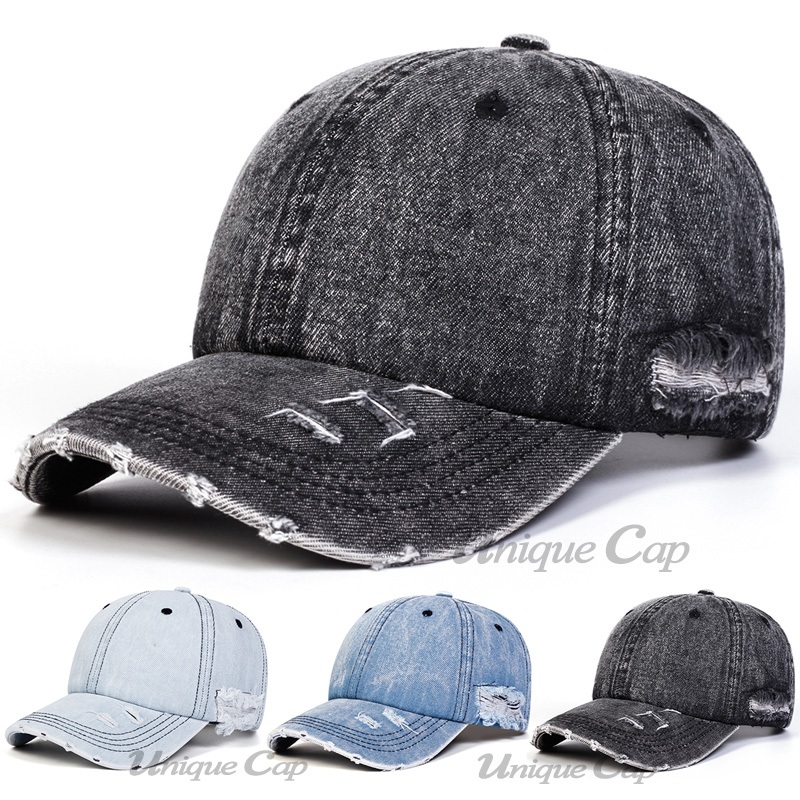 Topi Bisbol Denim Sobek Bahan Katun, Topi Bisbol Denim Modis Bahan Katun Sobek