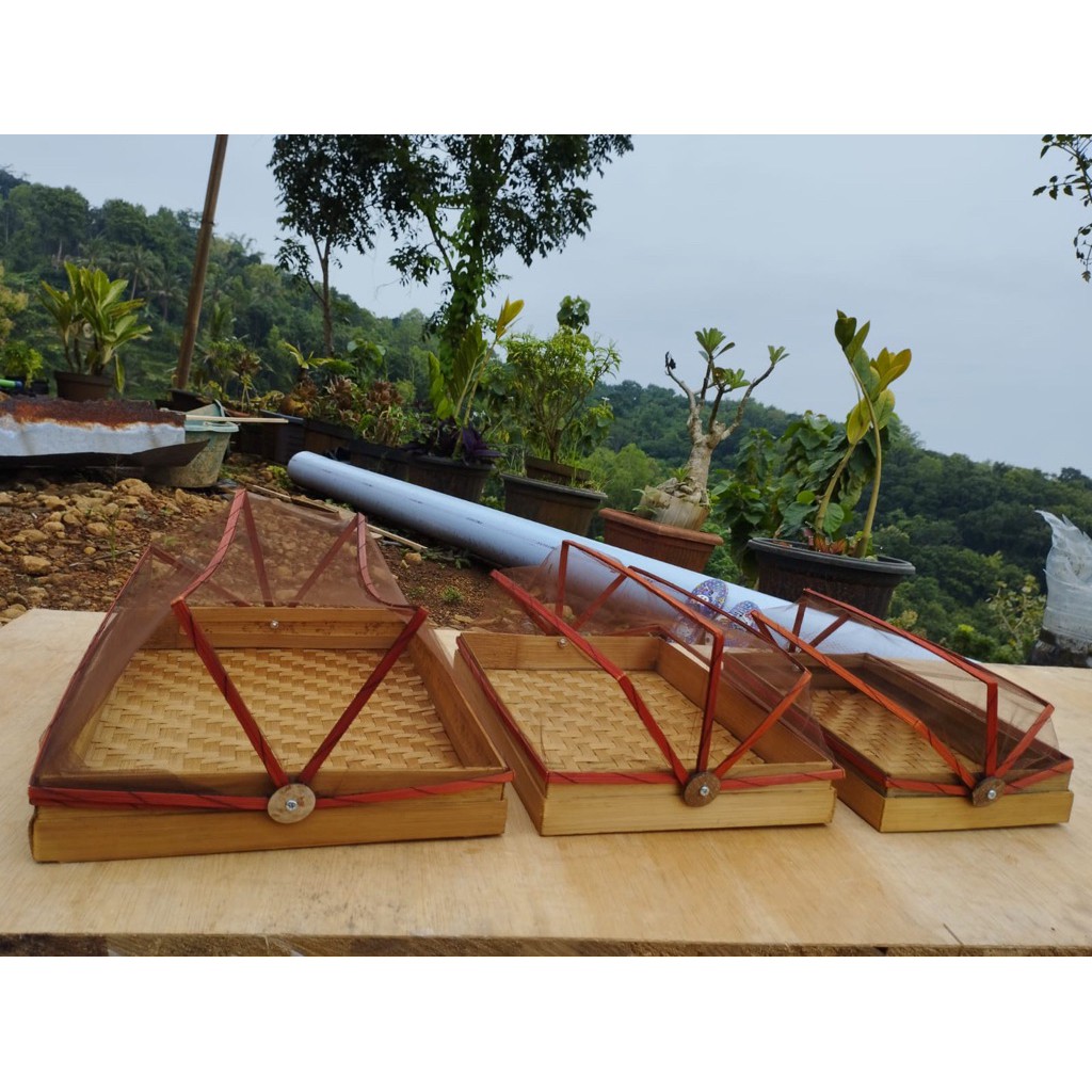 (1 set isi 3) Wadah Saji Tudung Saji dengan Tutup Kelambu Set Bambu