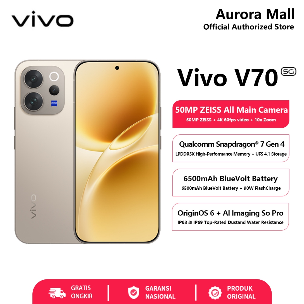 Vivo V70 5G 12/256GB (12GB+12GB Extended RAM) Garansi Resmi Hp Android Handphone COD Terbaru 2026