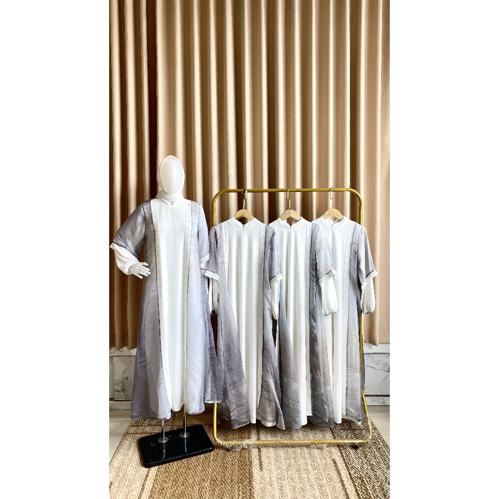 Gamis Muslimah Putih Abu Kombinasi Motif Etnik | Dress Muslim Elegan