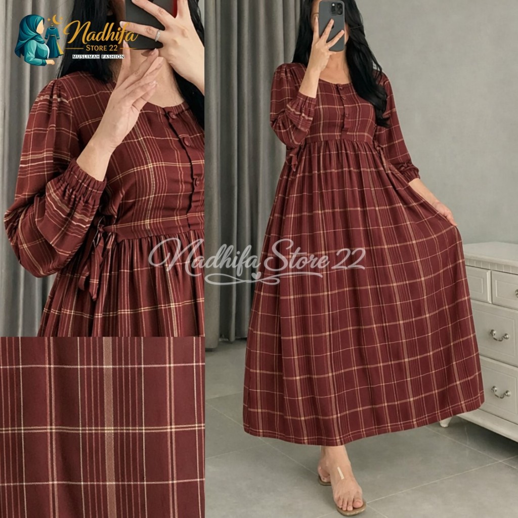 MIDI DRESS Motif Kotak Aluna Gamis Katun Jumbo Kekinian Lembut Halus dan Nyaman dipakai