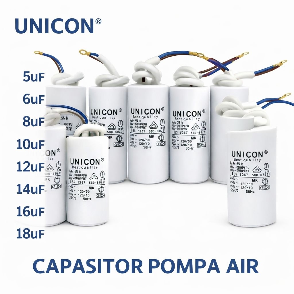 UNICON KONDENSATOR KAPASITOR POMPA AIR DINAMO BULAT PLUS KABEL  SOKET 5 6 8 10 12 14 16UF 18UF 20UF