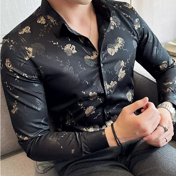 cod*Kemeja Pria Lengan Panjang, Baju Pria Motif Bunga Kecil Mawar Tampan, Pakaian Baru Mewah Ringan