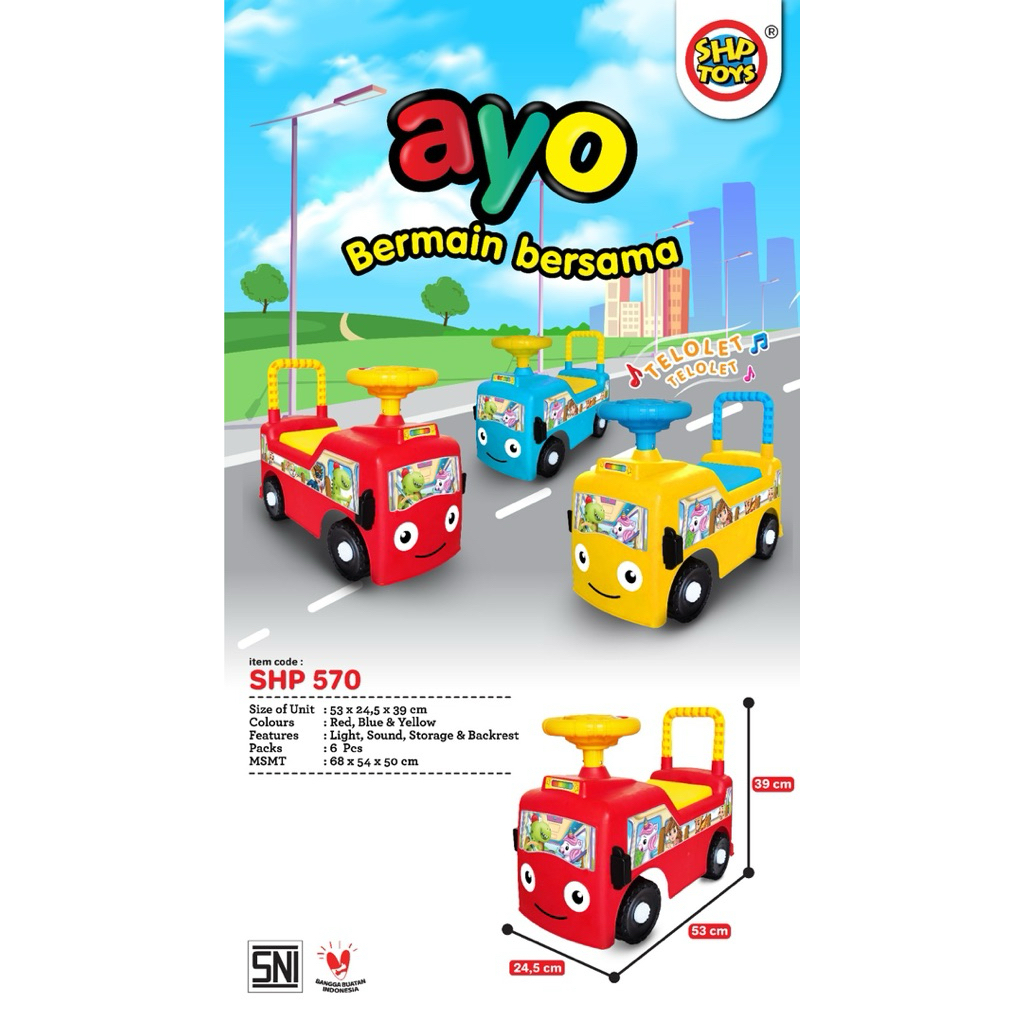 Mainan anak ride on Shp Ayo Bus 570 mobil dorong kayuh kaki