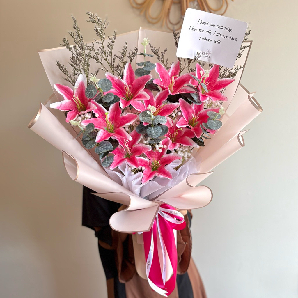 [READY] Lily Lilium Flower Bouquet Artificial Buket Bunga Lili Bucket Pink Hadiah Cewek Pacar