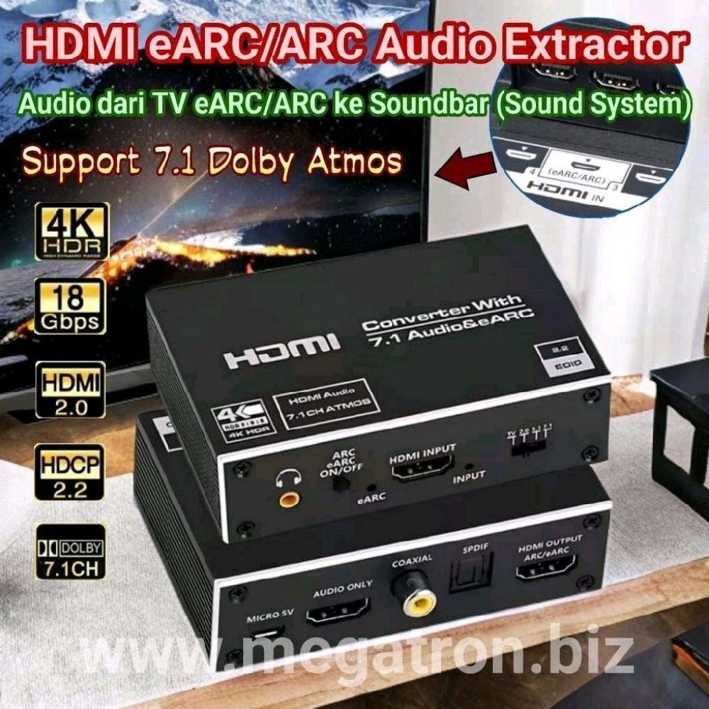 Konverter HDMI eARC/ARC TV ke Sound System (Audio TV keluar di Sound System) - support 7.1 ATMOS - eARC Audio Extractor