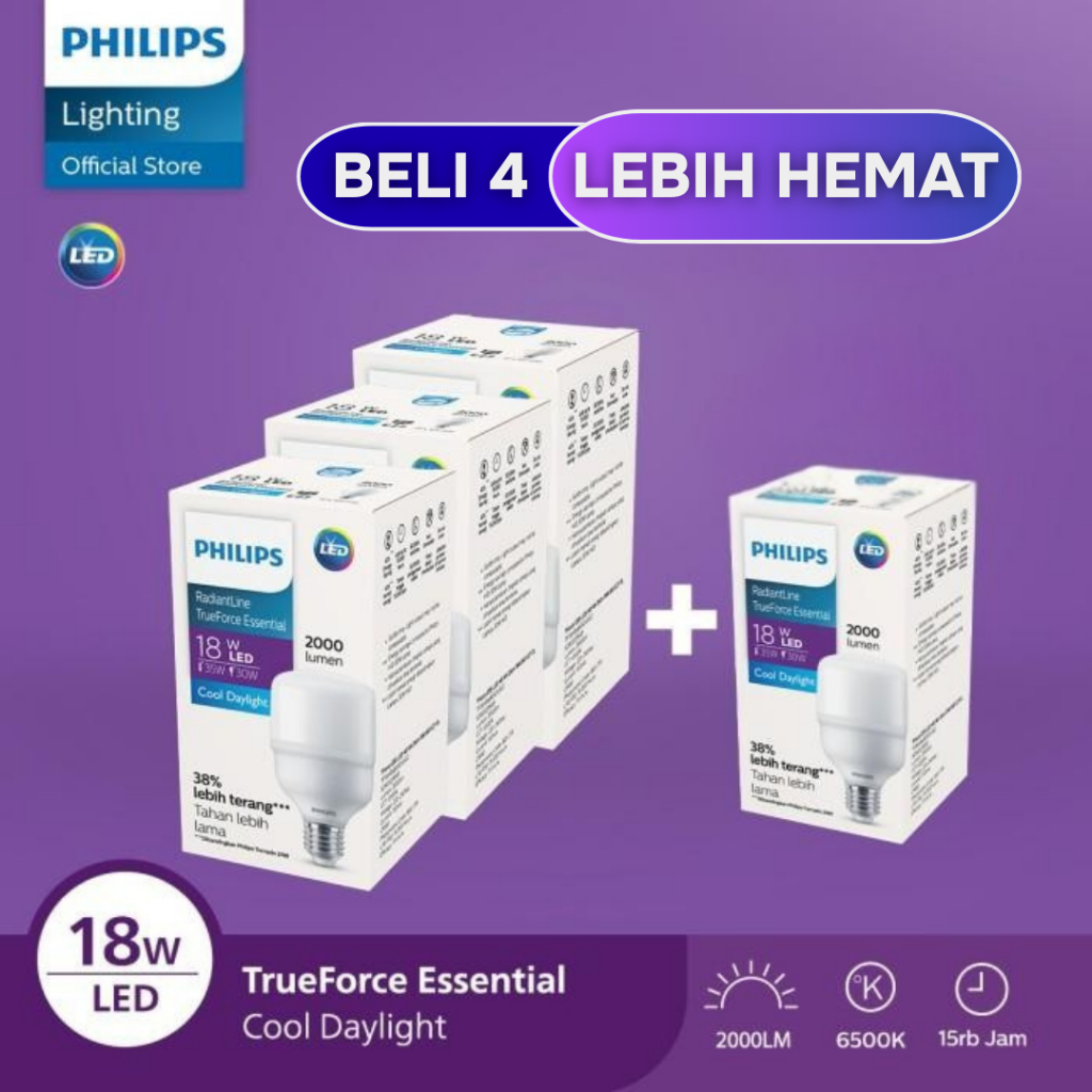 Beli 3 Gratis 1 Lampu Philips Bohlam Radiantline TrueForce Essential 18W Putih