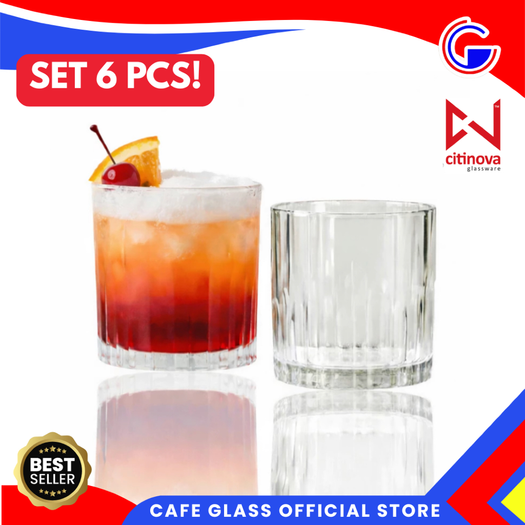 Gelas Kaca Set 6 Pcs Citinova Picca - Gelas Kaca Matcha Kopi Bening Tebal Pendek - Lowball Cafe Bar