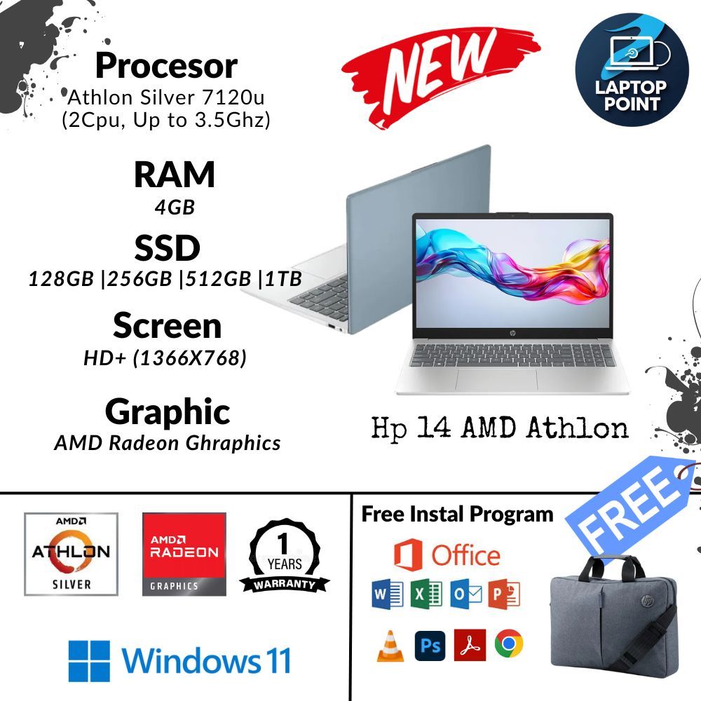 Laptop Baru HP 14 AMD Athlon Silver 4/1TB