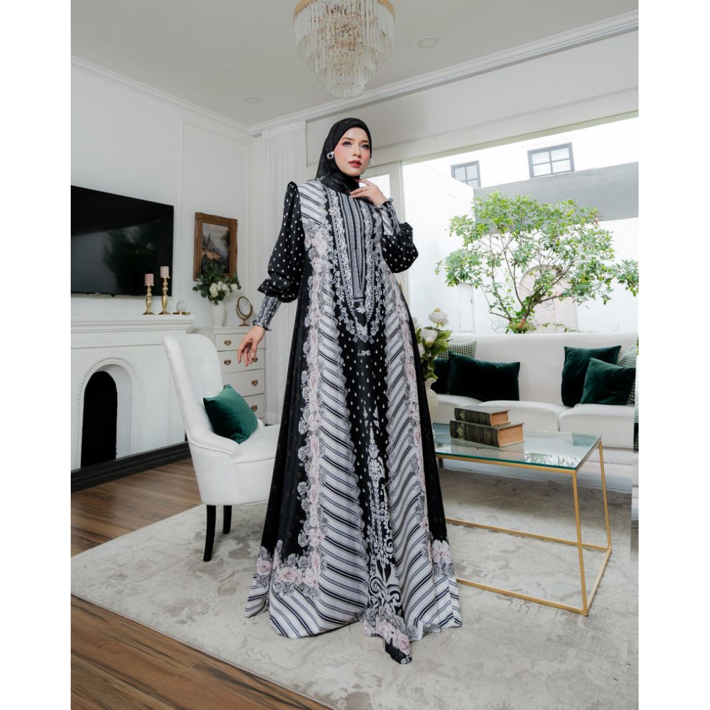 Ready Gamis gamis syari ELDEENA Original terbaru - gamis scraf set hitam Eldeena - gamis syari putih