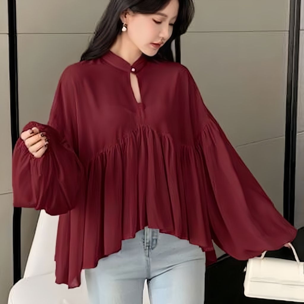 Laluna Ruffle Blouse Atasan Wanita Ceruty Premium Blus Ciffon Ceruty Babydoll Atasan Semi Outher Blu