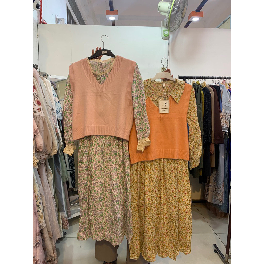 Dress Korea / midi korea / Dress Motif Bunga / Dress wanita