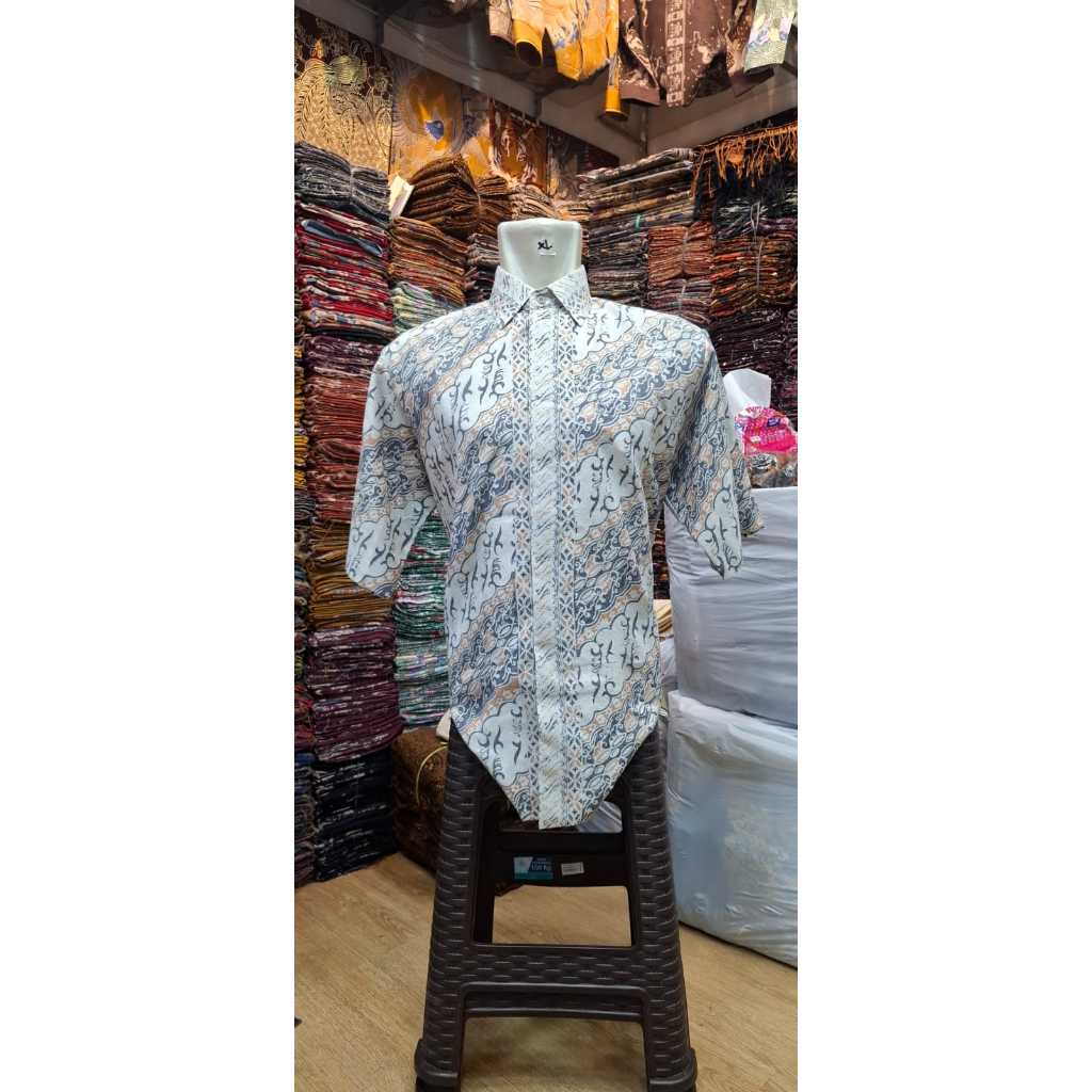 Kemeja batik pria lengan pendek cap Cirebon TRUSMI bahan Dobby kualitas premium