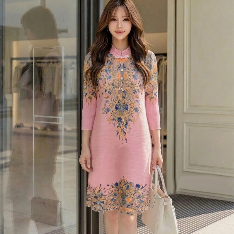 Jiggly Printed Pleated Dress | Dress naik turun | Dress casual
