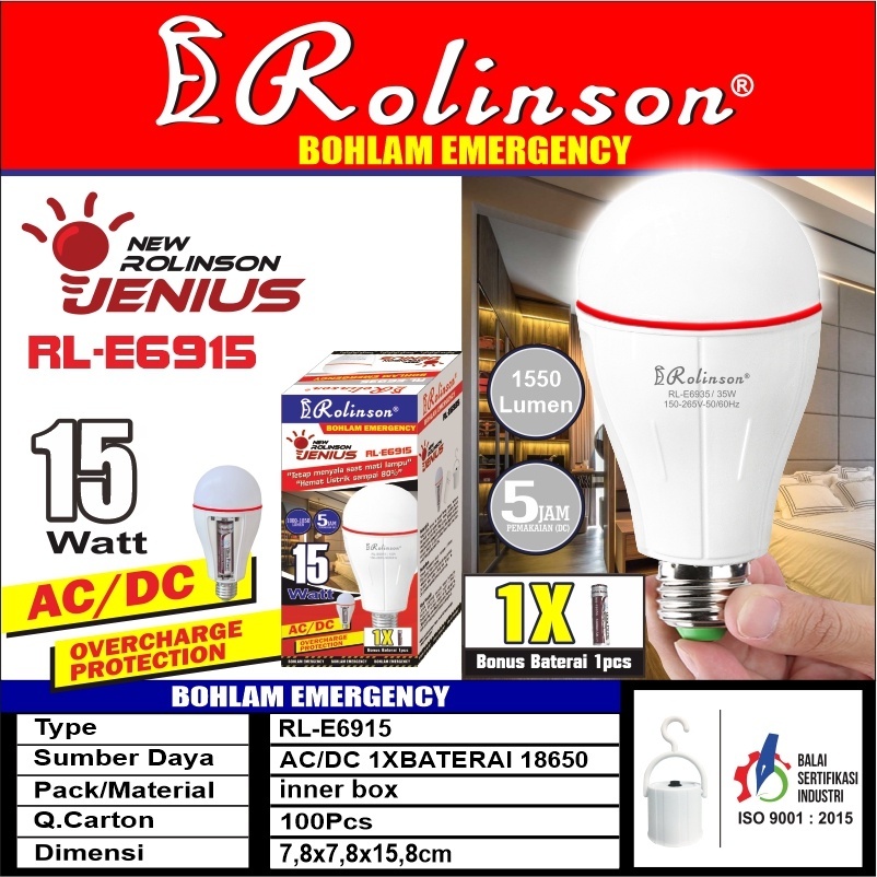 Bohlam Rolinson Jenius / RL E6915 / RL E6915 / 15watt/ Lampu Bohlam Emergency LED Tahan Lama