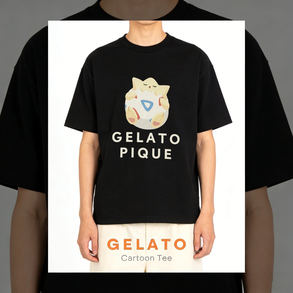 Gelato Pique Official Store Kaos oblong dengan motif kartun Pokemon Togepi, Kaos Unisex, Kaos Distro