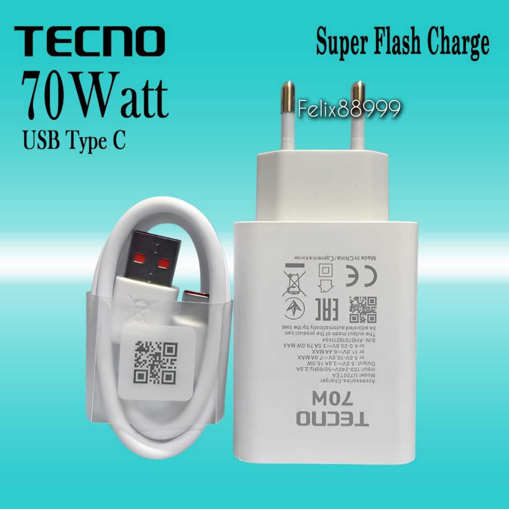 Charger Casan TECNO 45W 70W POVA 5 6 7 Pro Ultra Slim 4G 5G Curve 2 Original Fast Charge TYPE C