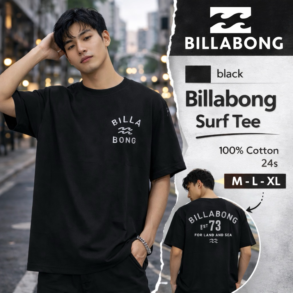 BILLABONG Original Kaos Surfing Pria klasic old | T-Shirt Casual Streetwear Hitam