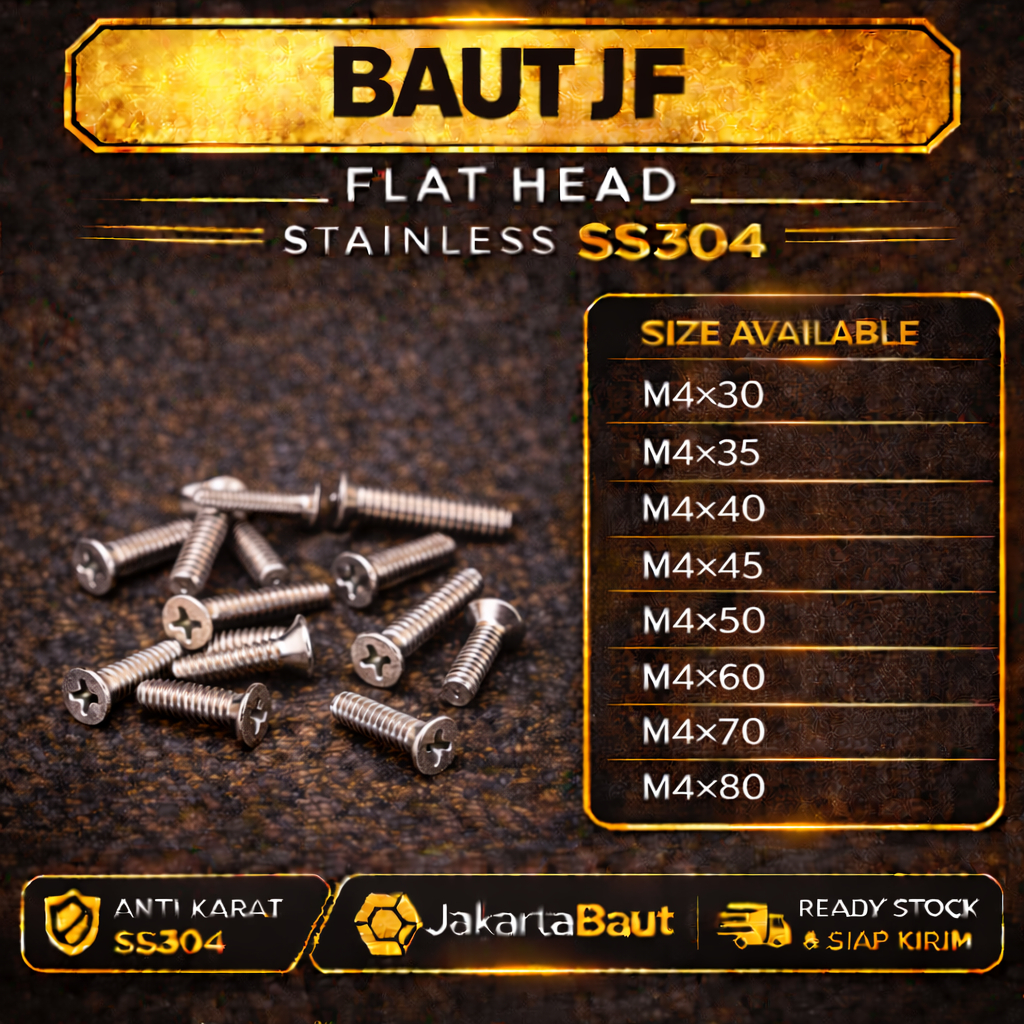 Baut JF M4X70 Machine Screw M4 X 70 Flat Head 4X70 Baut Obeng + Kepala Rata Stainless SS304
