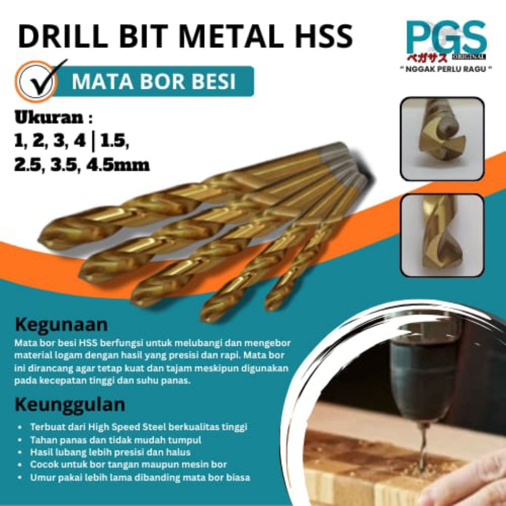 PGS Mata Bor Besi HSS Ukuran 3mm-8.5mm Mata Bor Besi Kuat tajam untuk mengebor