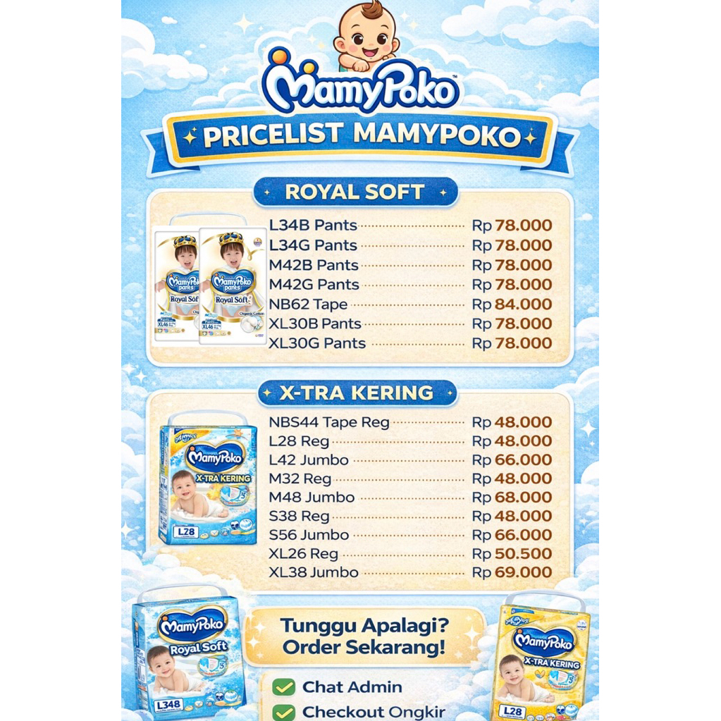 Pampers MamyPoko Royal Soft / X-Tra Kering NB S M L XL XXL Murah