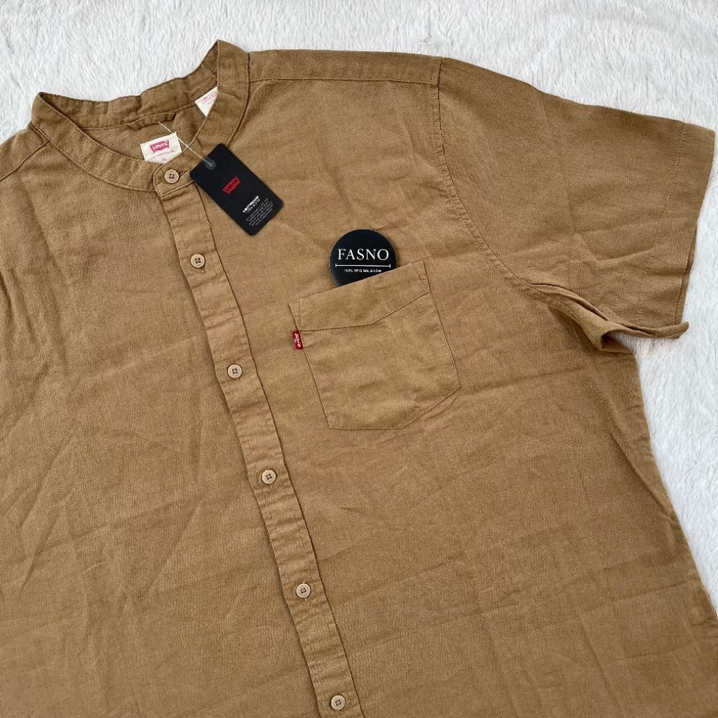 [NEW & ORIGINAL]  LV'S Basic Mandarin SS Shirt 1 Pocket,Color : Classic Brown